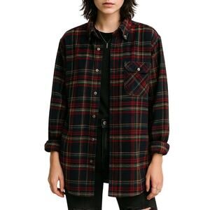 Vintage L.L. Bean Flannel Navy Red Plaid Button Down 100% Cotton Womens Large XL